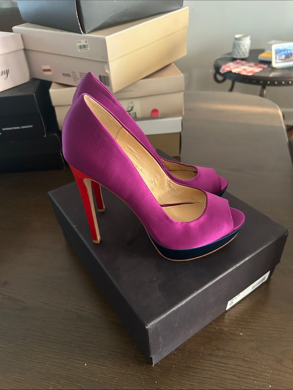 Purple Satin High Heel Peep-Toe Pumps with Red Heel - Picture 2 of 4